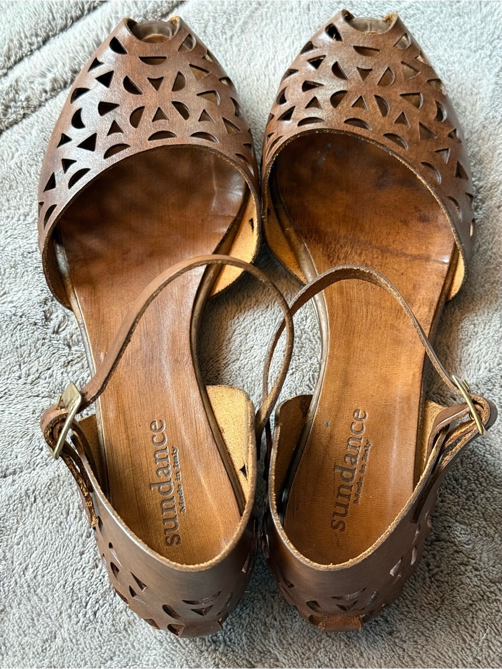 Sundance Brown Laser-Cut Peep-Toe flat Ankle Strap Sandals. 40 made in Italy. - Picture 9 of 16